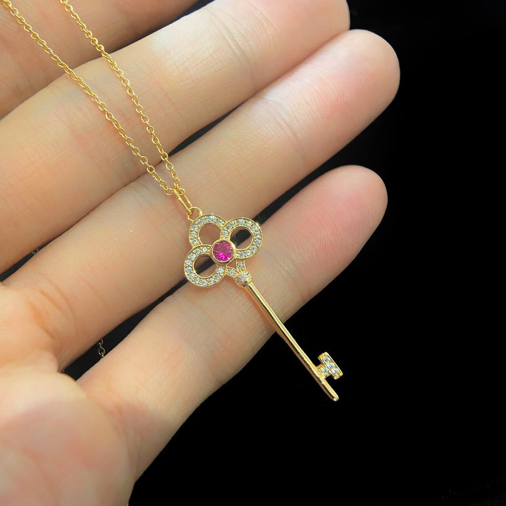 Tiffany Floret Key Pendant Necklace Pink Cubic Zirconia