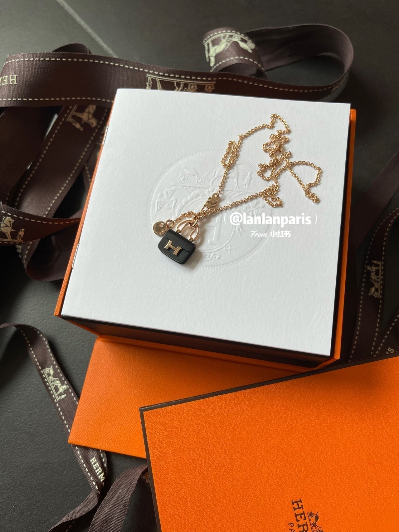 Hermes Constance Black Pendant Pink Gold Necklace