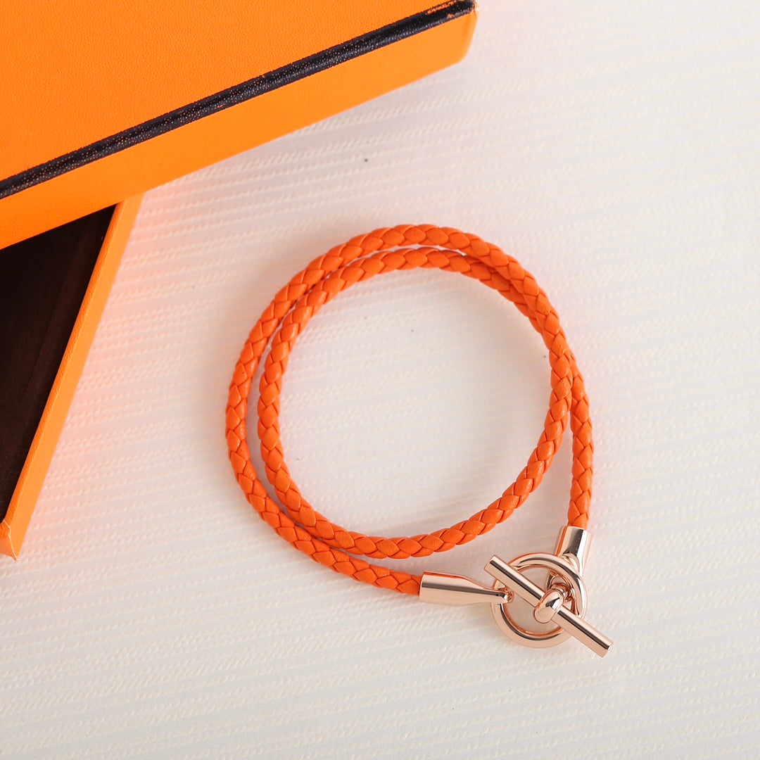 Hermes Glenan Double Tour Pink Gold Leather Bracelet