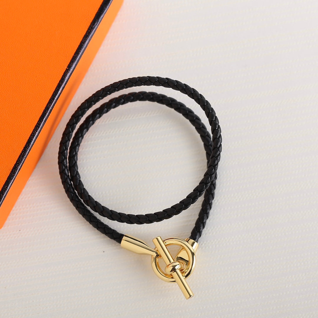 Hermes Glenan Double Tour Gold Leather Bracelet
