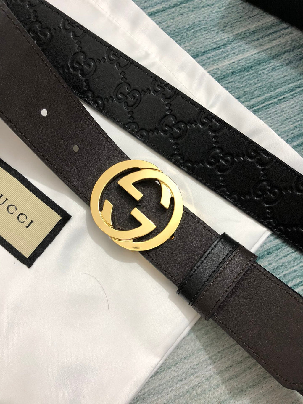 Black Leather Belt with Gold-Tone Buckle