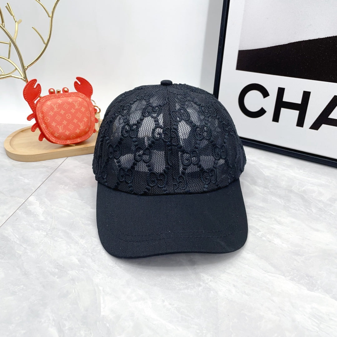 Black monogram lace baseball cap with curved brim