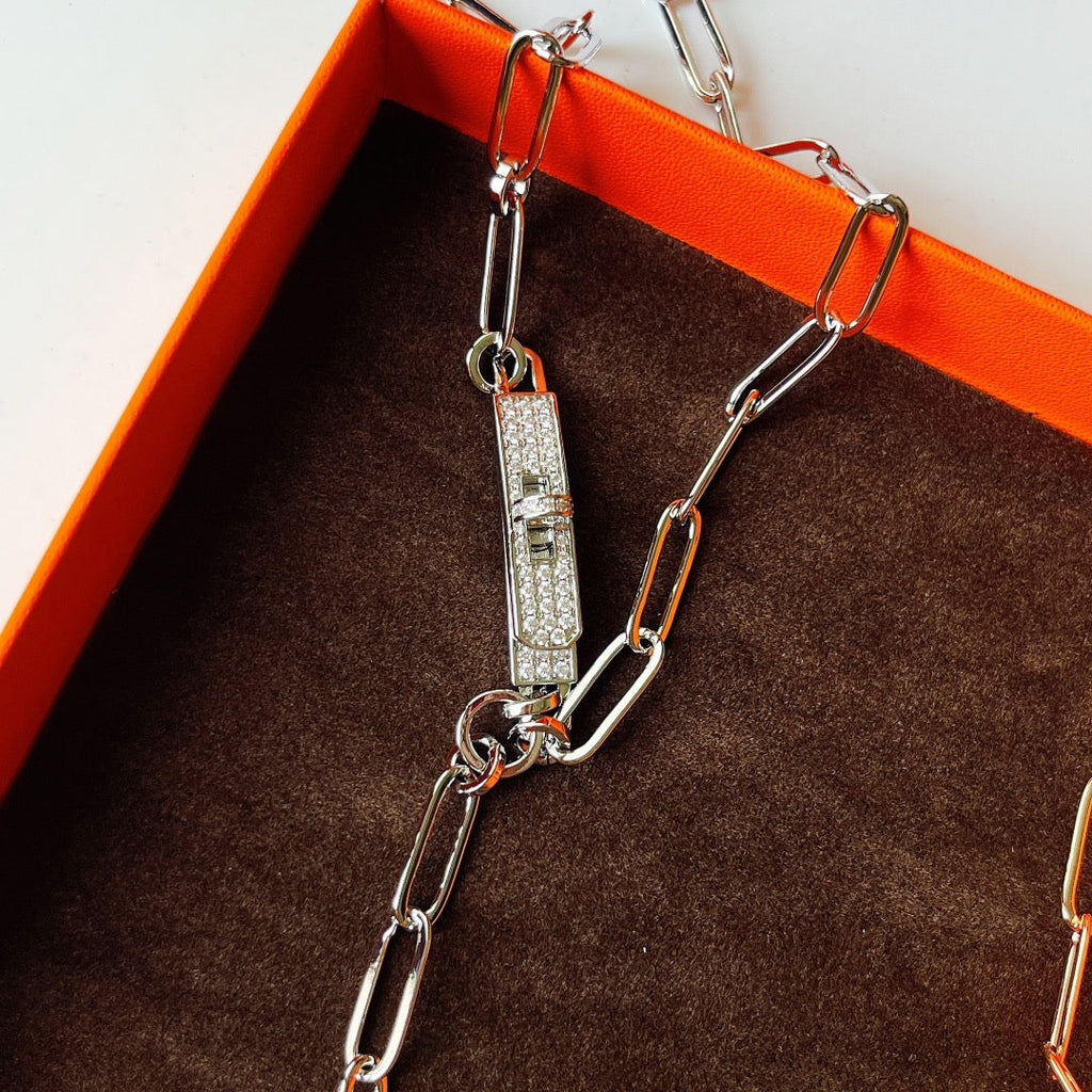 Hermes Kelly Belt Diamonds Silver and Pink Gold Necklace