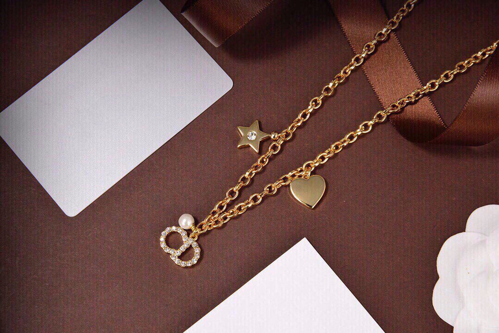 Dior CD Pearl Star Heart Gold Diamond Necklace