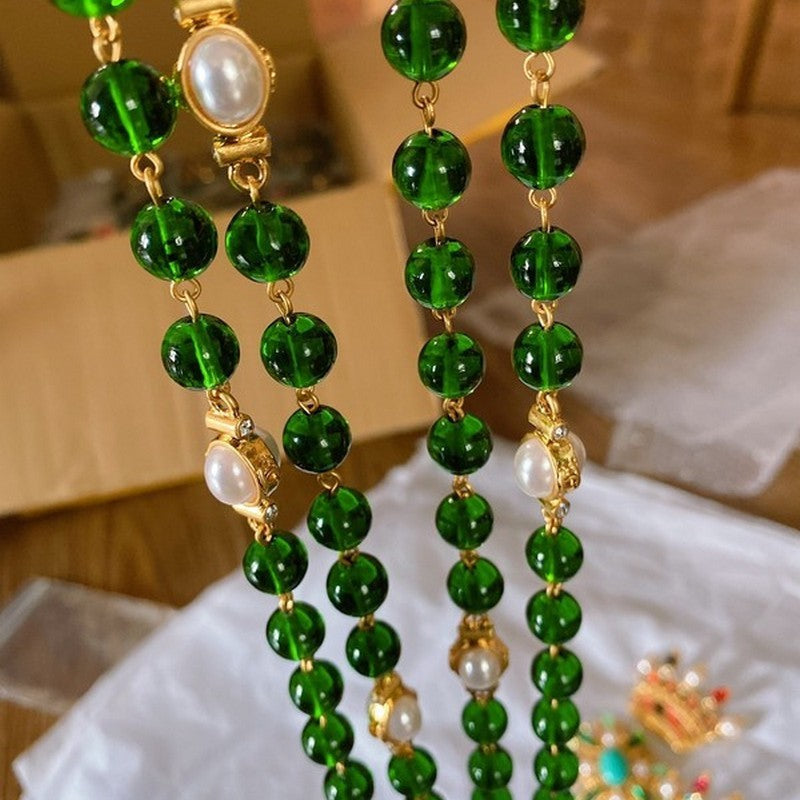 18K  Chanel Long Green & White Pearls Necklace