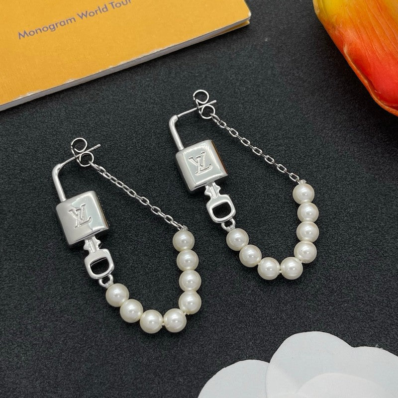 18K Louis Vuitton Pearl Lock Gold Earrings