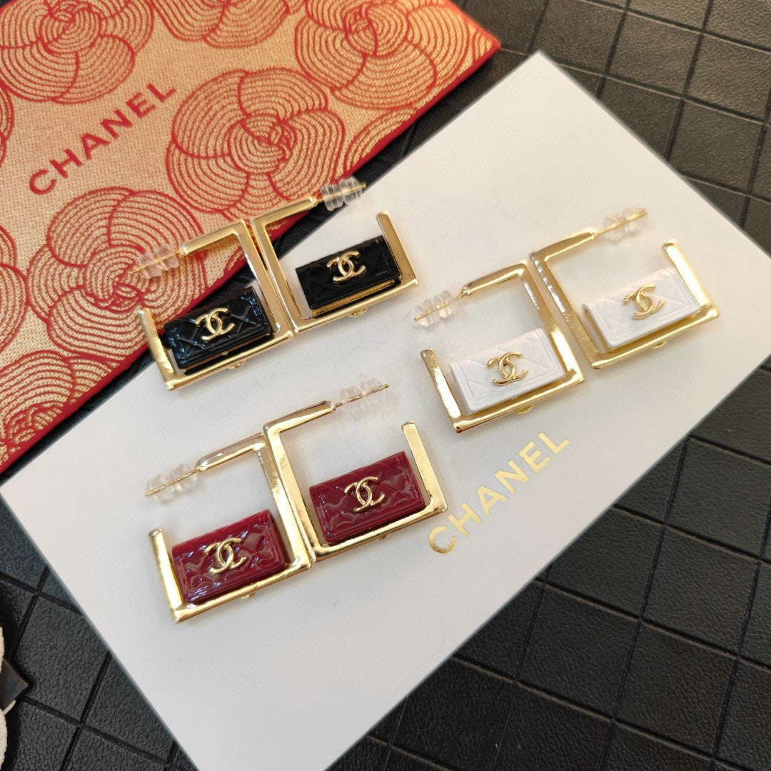 18K  Chanel White Bag Hoop Earrings