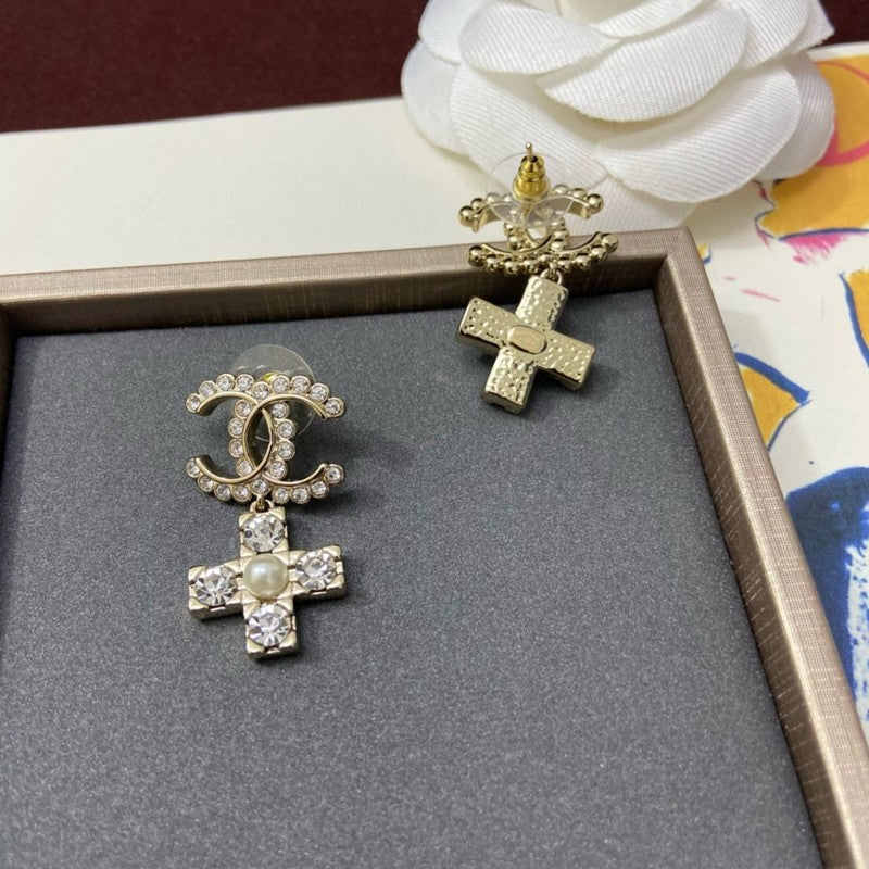 18K  Chanel Cross Pearl & Diamond Earrings