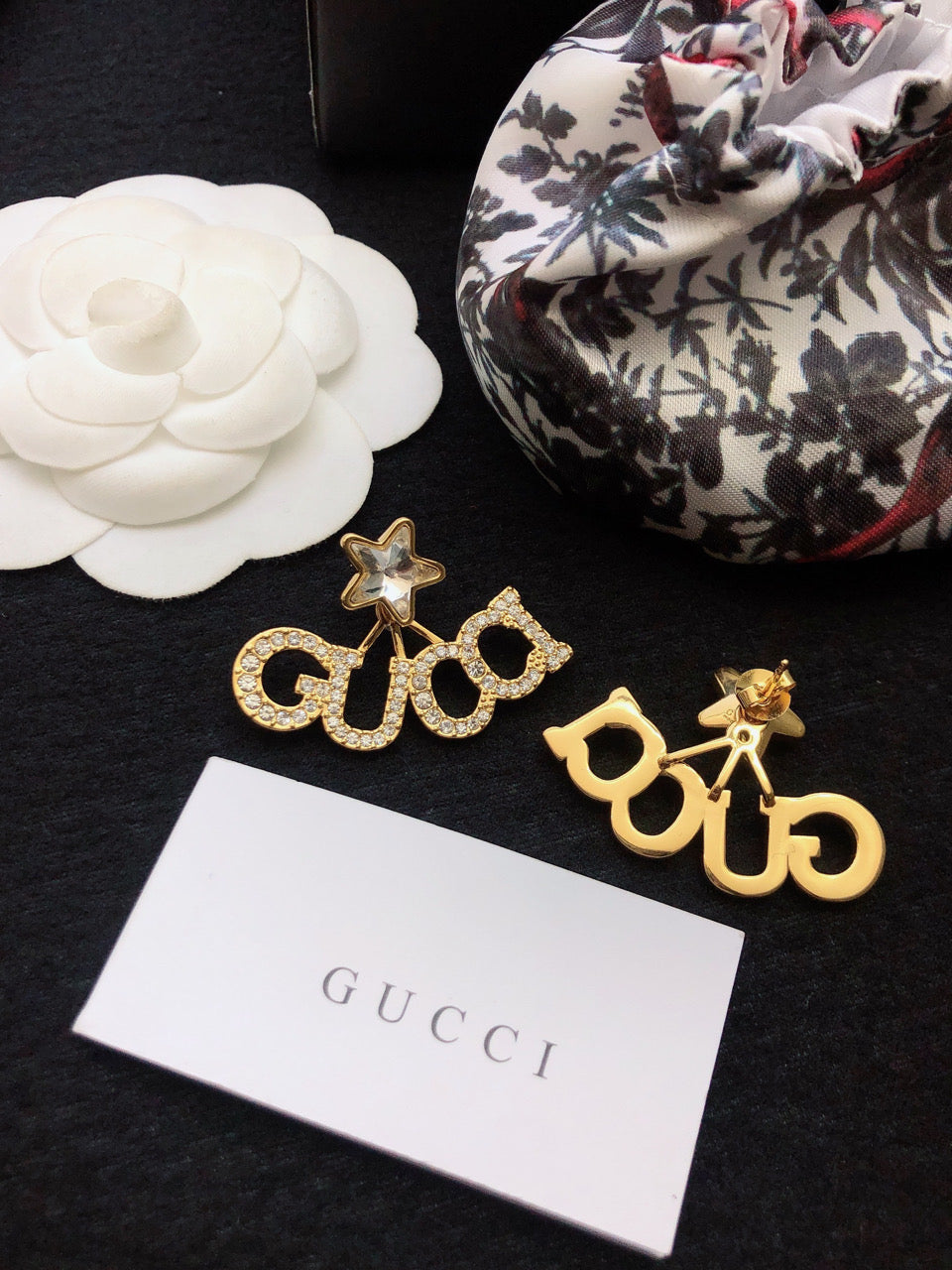 18K Double Gucci Script Star Earrings
