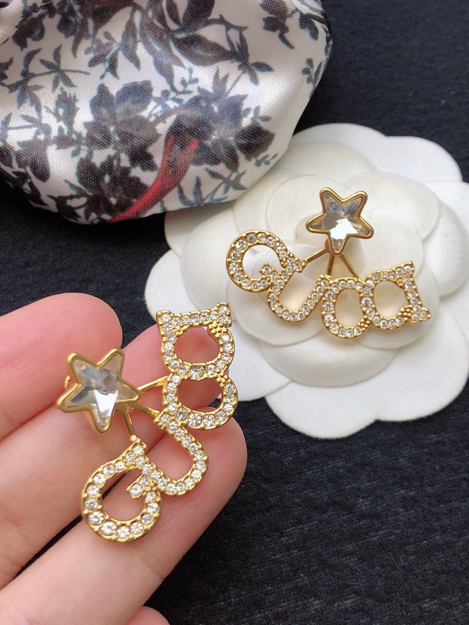 18K Double Gucci Script Star Earrings