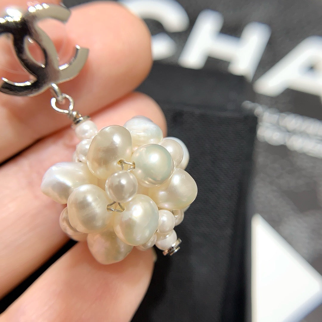 Chanel 2026 Silver Double C Pearl Flower Earrings